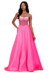 Ashley Lauren 12182 in Hot Pink with a sheer beaded corset bodice and exposed boning.