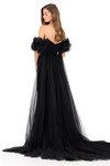 Ashley Lauren 12183 in Black back view showing flowing tulle train and zipper closure.