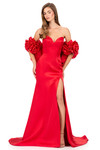 Ashley Lauren 12185 in Red with an off-shoulder rosette wrap and fitted satin skirt.