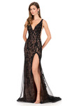 Ashley Lauren 12187 in Black with a deep V-neckline and illusion side panels.
