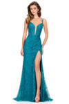 Ashley Lauren 12189 in Teal with lace appliqué detailing and a thigh-high slit.