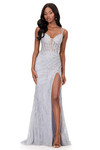 Ashley Lauren 12189 in Silver with a plunging sweetheart neckline and lace-up back.