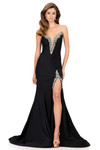 Ashley Lauren 12191 in Black with crystal-framed plunging neckline and thigh-high slit.