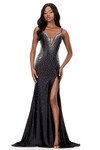 Ashley Lauren 12193 in Black with cascading mirror stones and plunging V-neckline.