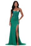Ashley Lauren 12195 in Emerald with shimmering beaded mesh and fitted silhouette.