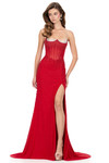 Ashley Lauren 12196 in Red with spaghetti straps and shimmering press-on beading.