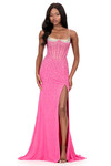 Ashley Lauren 12196 in Hot Pink with illusion scoop neckline and heat-set stones.