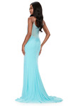 Ashley Lauren 12196 in Aqua with a scoop back and fitted beaded silhouette.