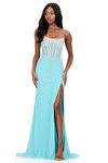 Ashley Lauren 12196 in Aqua with a corset bodice, pearl embellishments, and thigh-high slit.