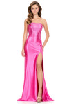 Ashley Lauren 12200 in Fuchsia with asymmetrical stone detailing and thigh-high slit.