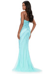 Ashley Lauren 12201 in Aqua with mid-open back and shimmering press-on beaded fabric.