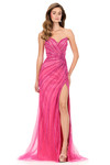 Ashley Lauren 12201 in Fuchsia with strapless sweetheart neckline, ruched beaded fabric, and thigh-high slit.