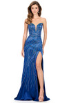 Ashley Lauren 12202 in Navy with swirling press-on stone pattern and plunging neckline.