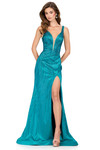 Ashley Lauren 12203 in Teal with beaded jersey fabric, plunging neckline, and high slit.