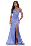 Ashley Lauren 12203 in Periwinkle with diagonal beaded jersey, plunging V-neckline, and thigh-high slit.