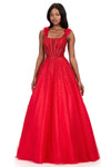 Ashley Lauren 12204 in red with a fully beaded corset bodice and flowing A-line tulle skirt.