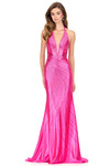 Ashley Lauren 12206 in fuchsia with press-on stones and a halter neckline with open back.