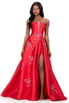 Ashley Lauren 12207 in Red featuring crystal bow embellishments and dramatic A-line skirt.