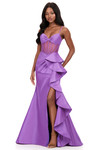 Ashley Lauren 12213 in Violet featuring sweetheart neckline, corset bodice, and tiered side ruffles.