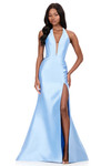 Ashley Lauren 12214 in sky blue with a corset bodice and thigh-high front slit.