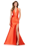 Ashley Lauren 12214 in orange with a sleek fitted shape and cascading ruffle back.