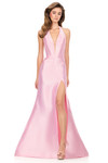 Ashley Lauren 12214 in ice pink with a corset bodice and thigh-high front slit.