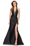 Ashley Lauren 12214 in black with a plunging halter neckline and dramatic ruffle back.