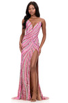 Ashley Lauren 12218 in Neon Pink with body-contouring swirl beadwork and thigh-high slit.