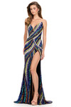 Ashley Lauren 12218 in Multi/Black with vibrant multicolor swirl beading and dramatic slit.