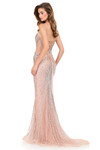 Ashley Lauren 12219 in nude with spaghetti straps, lace-up back, and shimmering beaded mesh.