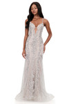 Ashley Lauren 12221 in silver/nude with a plunging illusion neckline and shimmering mesh fabric.