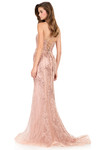 Ashley Lauren 12221 in rose gold with a lace-up back and elegant sweep train.