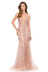Ashley Lauren 12221 in rose gold with metallic appliques and a plunging illusion sweetheart neckline.