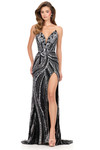 Ashley Lauren 12230 in Silver/Black with metallic wave beading and elegant slit.