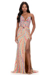 Ashley Lauren 12230 in Multi/Nude with colorful beadwork on nude base and high slit.