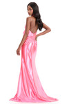 Ashley Lauren 12238 back view in Pink showcasing dramatic open low back and shimmer jersey draping.