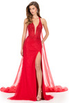 Ashley Lauren 12293 organza cape in Red with ruffled hem styled over a beaded fitted gown.