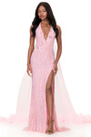 Ashley Lauren 12293 organza cape in Ice Pink with dramatic ruffled hem and floor-length drape.