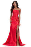Ashley Lauren 12356 in red with a corset bodice and dramatic thigh-high slit.