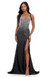 Ashley Lauren 12357 in Black with cascading crystal beadwork, sweetheart neckline, and thigh-high slit.