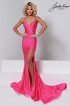 Johnathan Kayne 3210 in Fuchsia with pearl crystal beadwork and a thigh-high slit.