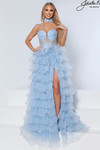 Johnathan Kayne 3212 in Ice Blue with a strapless corset bodice, sequin floral appliques, and tiered organza skirt.