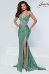 Johnathan Kayne 3214 in Sage with beaded halter neckline and fitted silhouette.