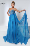 Johnathan Kayne 3221 in Light Sapphire with a strapless sweetheart neckline and flowing cape.