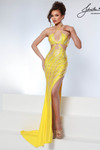 Johnathan Kayne 3222 in Yellow with crisscross halter neckline and daring cutouts.