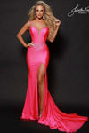 Johnathan Kayne 3224 in Barbie Pink with a plunging neckline and crystal embellished bodice.