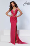 Johnathan Kayne 3227 in Magenta with a plunging neckline and shimmering rhinestone finish.