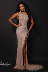 Johnathan Kayne 3241 in Dark Nude with allover beadwork and a sleek fitted silhouette.