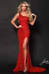 Johnathan Kayne 3241 in Red with intricate beadwork, one-shoulder neckline, and thigh-high slit.