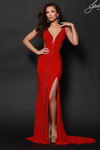 Johnathan Kayne 3244 in Red with a deep V neckline, rhinestone beaded jersey, and dramatic high slit.